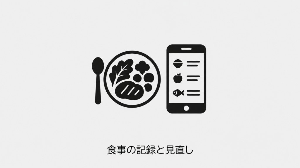食事の皿とスマートフォンの記録画面を表す概念イラスト。