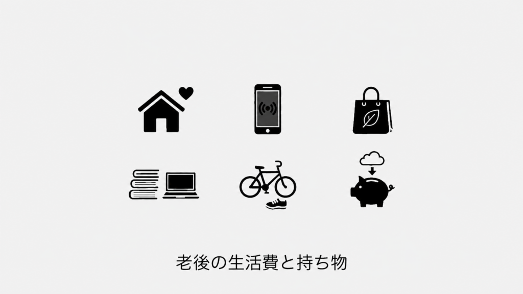 住居、決済、買い物、情報、移動と貯蓄を表す6つの概念アイコン。